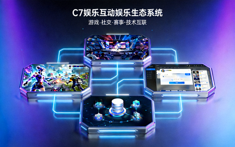 C7娱乐互动娱乐生态系统全景概念图，展示游戏、社交、赛事、技术的互联