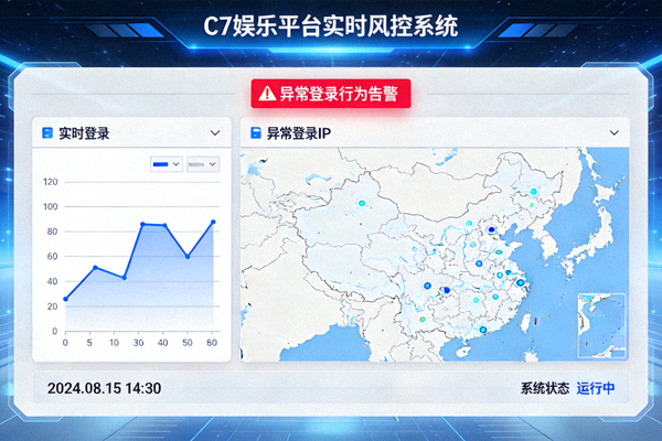 C7娱乐平台实时风控系统监控大屏，展示异常登录行为告警
