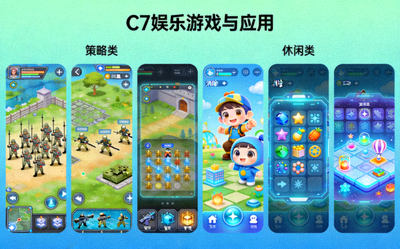 多元化的C7娱乐游戏与应用内容展示，包括策略、休闲等不同类型