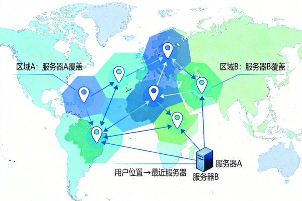 基于用户地理位置的路由优化示意图，显示不同区域连接到最近服务器