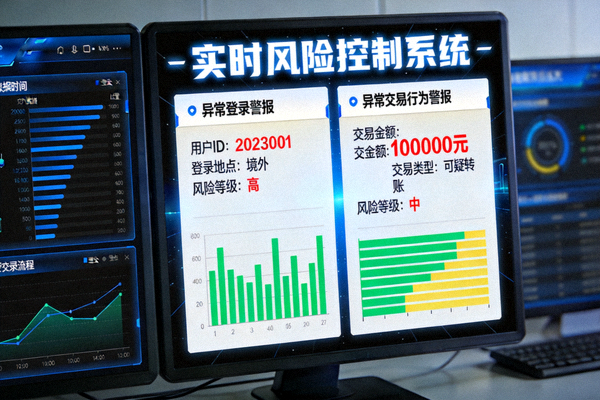 实时风险控制系统监控界面，显示异常登录和交易行为警报