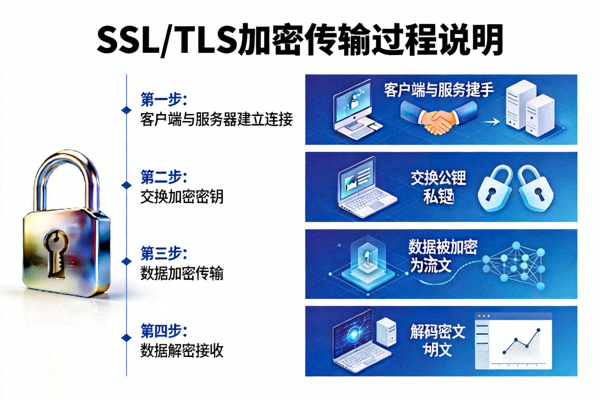 SSL/TLS加密传输锁图标与数据传输加密过程说明图