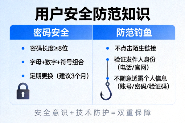 用户安全防范知识宣传海报，包含密码安全、防范钓鱼等内容